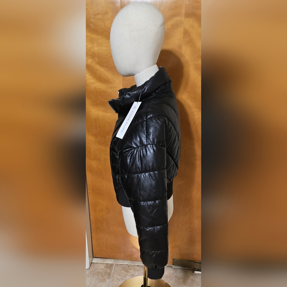 Winter NightS Faux Leather Cropped Black Women's Puffer Jacket Coat Fitted Ski - Picture 6 of 16